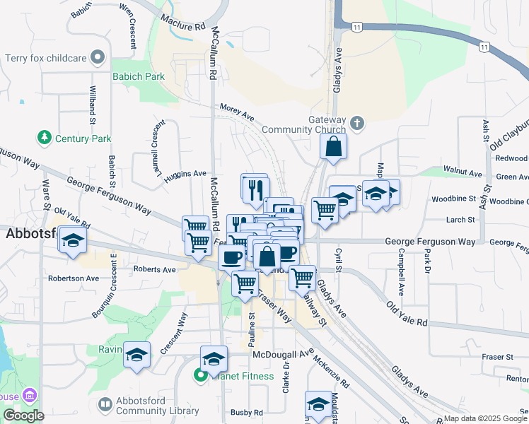 map of restaurants, bars, coffee shops, grocery stores, and more near 22886 Pine Street in Abbotsford