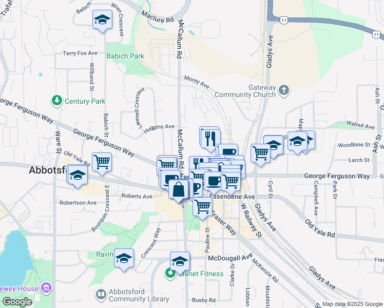map of restaurants, bars, coffee shops, grocery stores, and more near in Abbotsford