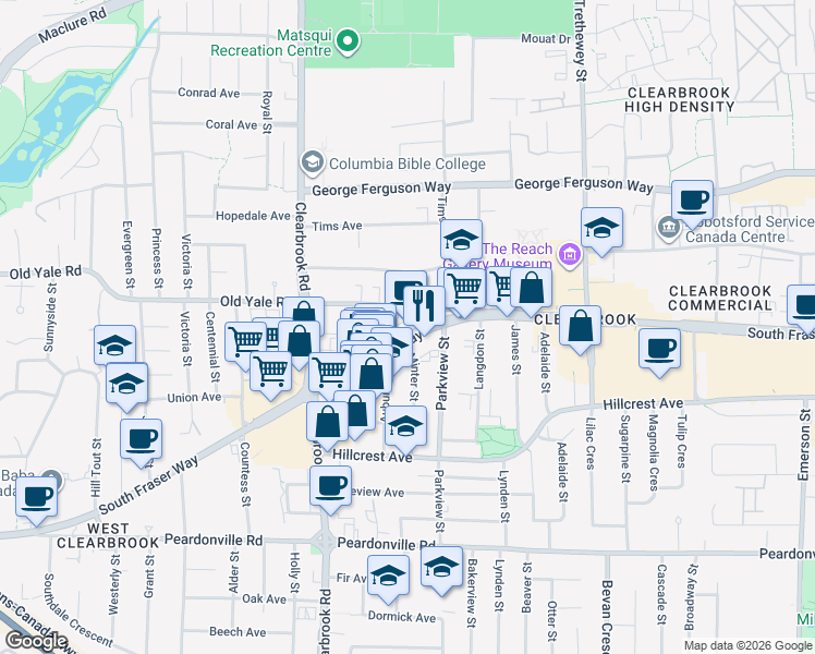 map of restaurants, bars, coffee shops, grocery stores, and more near 32151 South Fraser Way in Abbotsford