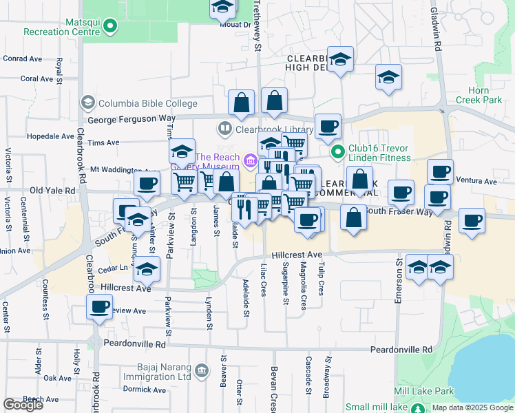 map of restaurants, bars, coffee shops, grocery stores, and more near 32390 South Fraser Way in Abbotsford