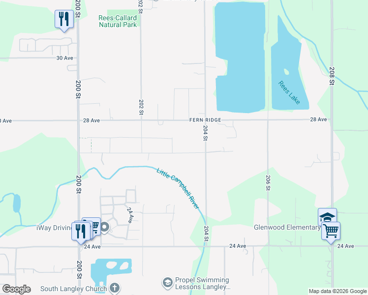 map of restaurants, bars, coffee shops, grocery stores, and more near 20331 27 Avenue in Langley Township