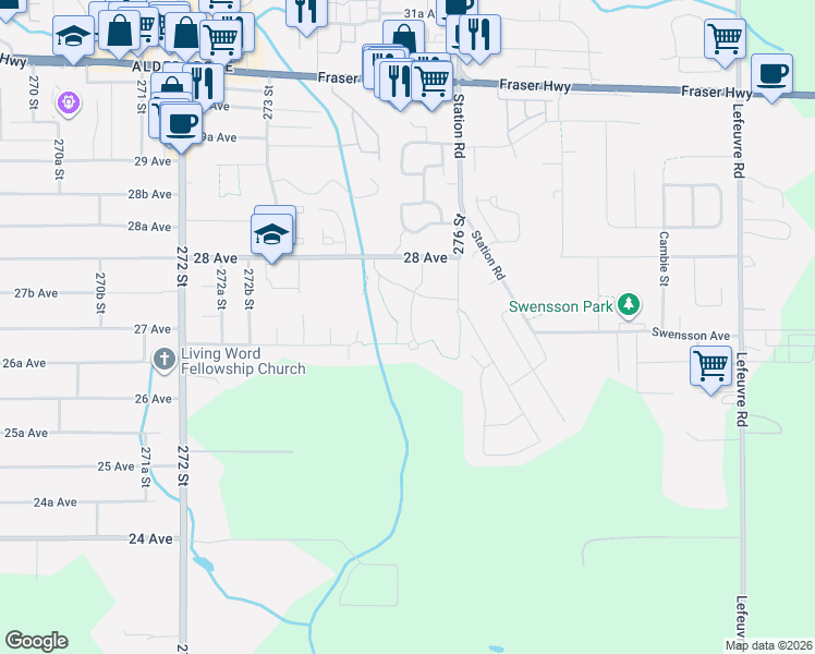 map of restaurants, bars, coffee shops, grocery stores, and more near 27540 28 Avenue in Langley Township