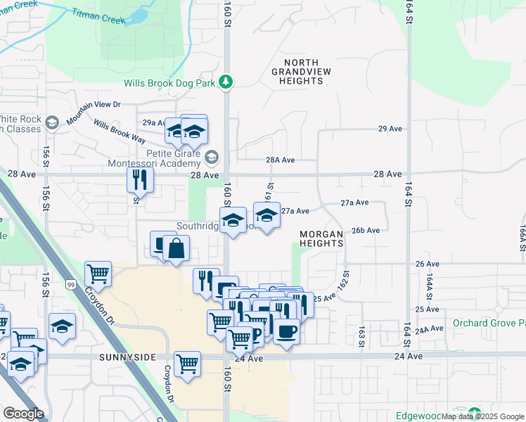 map of restaurants, bars, coffee shops, grocery stores, and more near 16082 27 Avenue in Surrey