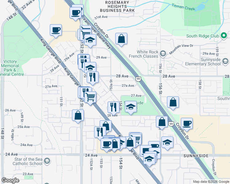 map of restaurants, bars, coffee shops, grocery stores, and more near 2714 Parkway Drive in Surrey