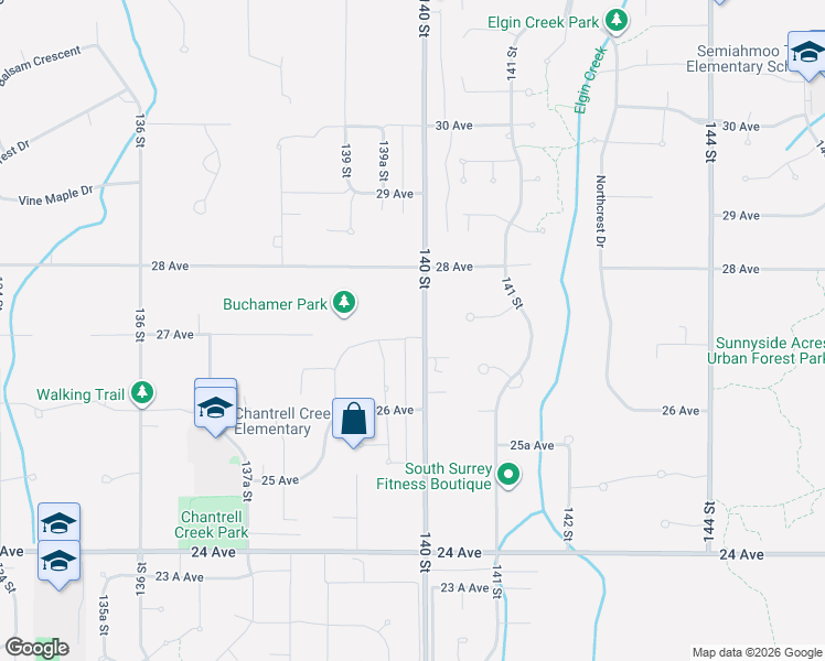 map of restaurants, bars, coffee shops, grocery stores, and more near 2721 140 Street in Surrey