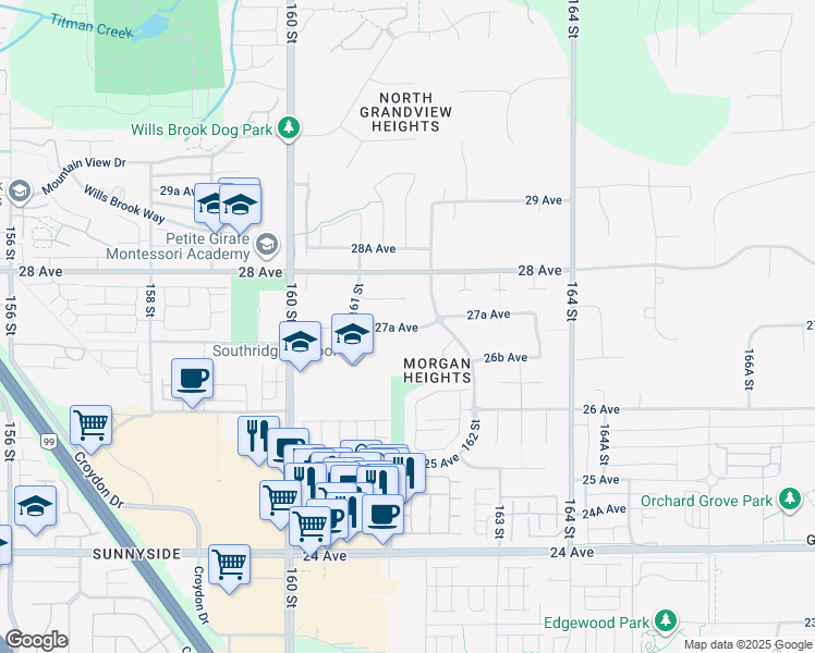 map of restaurants, bars, coffee shops, grocery stores, and more near 16156 27A Avenue in Surrey