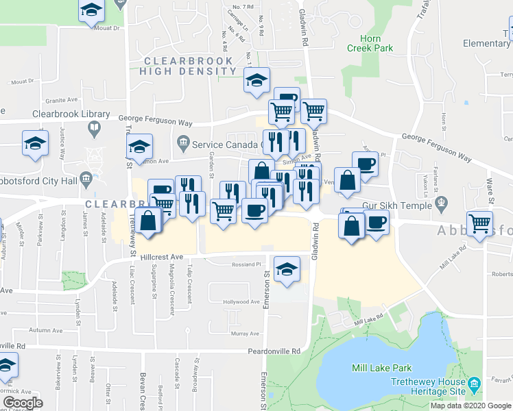 map of restaurants, bars, coffee shops, grocery stores, and more near 32676 South Fraser Way in Abbotsford