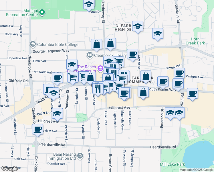 map of restaurants, bars, coffee shops, grocery stores, and more near 32390 South Fraser Way in Abbotsford