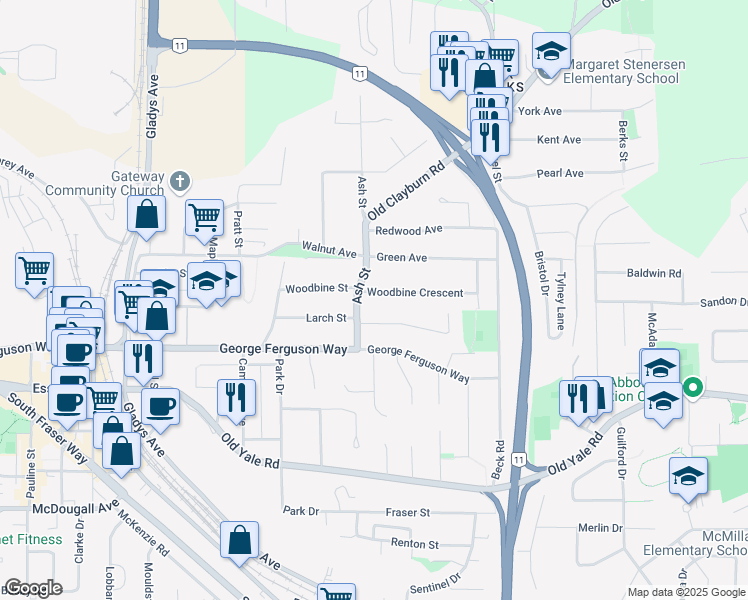 map of restaurants, bars, coffee shops, grocery stores, and more near 34206 Woodbine Crescent in Abbotsford