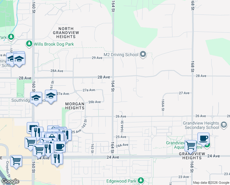 map of restaurants, bars, coffee shops, grocery stores, and more near 2720 164 Street in Surrey