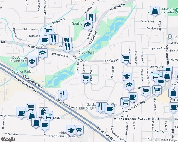 map of restaurants, bars, coffee shops, grocery stores, and more near 2713 Moorland Street in Abbotsford