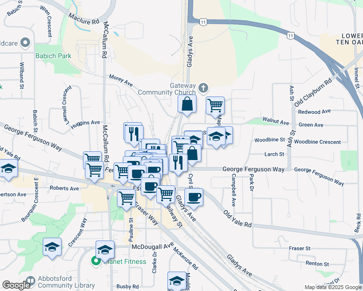 map of restaurants, bars, coffee shops, grocery stores, and more near 33863 Pine Street in Abbotsford