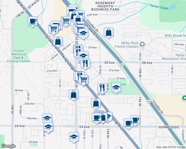 map of restaurants, bars, coffee shops, grocery stores, and more near 2733 Parkway Drive in Surrey