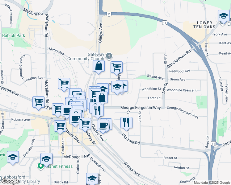 map of restaurants, bars, coffee shops, grocery stores, and more near 33943 Pine Street in Abbotsford