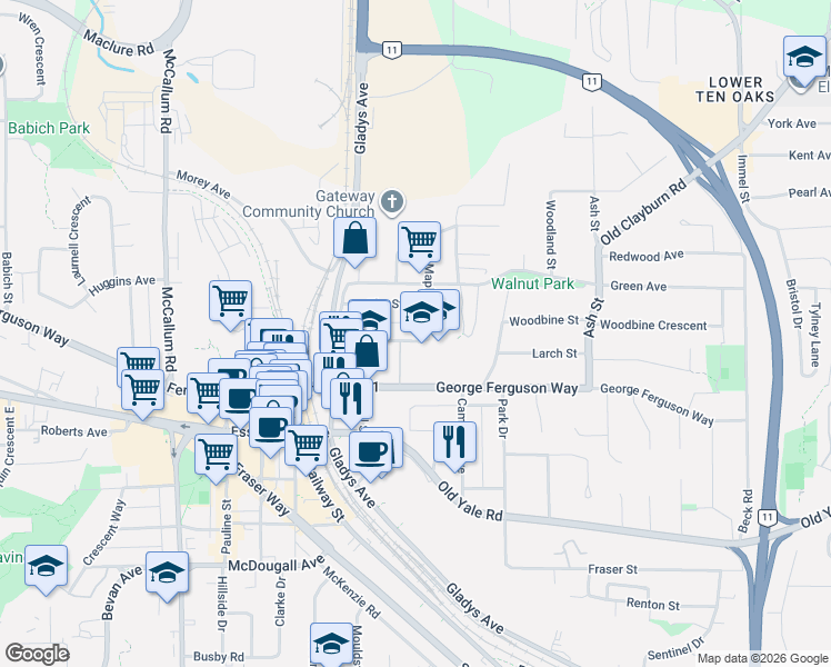 map of restaurants, bars, coffee shops, grocery stores, and more near 33943 Pine Street in Abbotsford