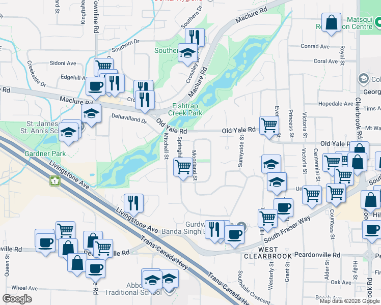 map of restaurants, bars, coffee shops, grocery stores, and more near 2713 Moorland Street in Abbotsford