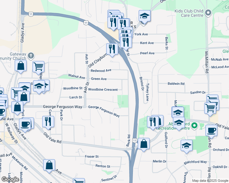 map of restaurants, bars, coffee shops, grocery stores, and more near 34314 Woodbine Crescent in Abbotsford