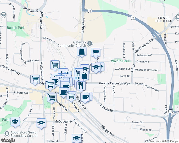 map of restaurants, bars, coffee shops, grocery stores, and more near 33913 Pine Street in Abbotsford
