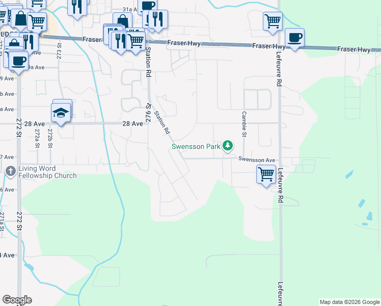 map of restaurants, bars, coffee shops, grocery stores, and more near 27728 Track Place in Abbotsford