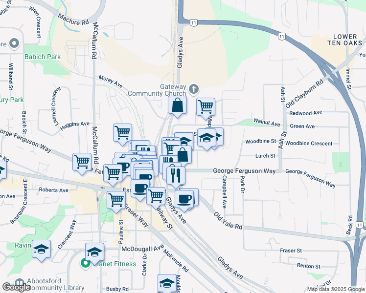 map of restaurants, bars, coffee shops, grocery stores, and more near 33885 Pine Street in Abbotsford