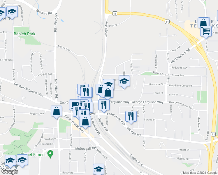 map of restaurants, bars, coffee shops, grocery stores, and more near 33887 Pine Street in Abbotsford
