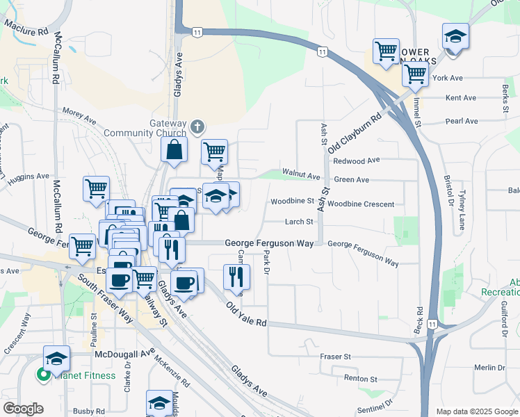 map of restaurants, bars, coffee shops, grocery stores, and more near 2739 Sheffield Way in Abbotsford