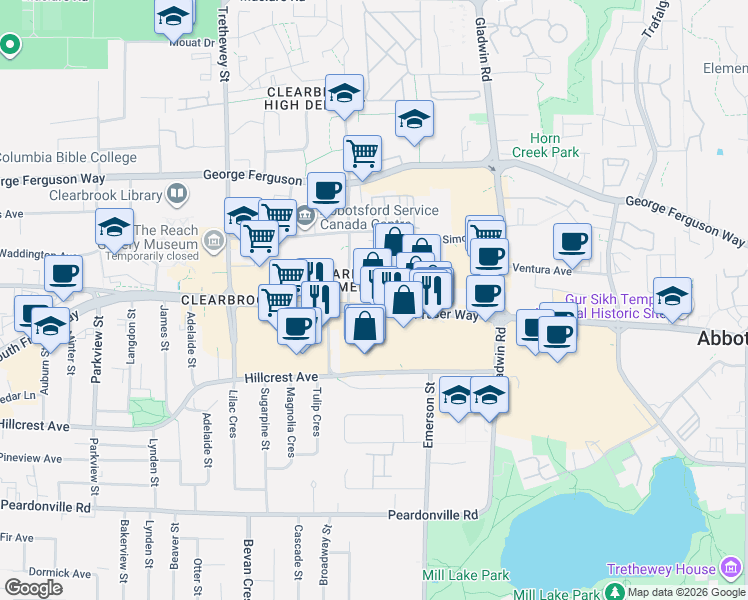 map of restaurants, bars, coffee shops, grocery stores, and more near 32615 South Fraser Way in Abbotsford