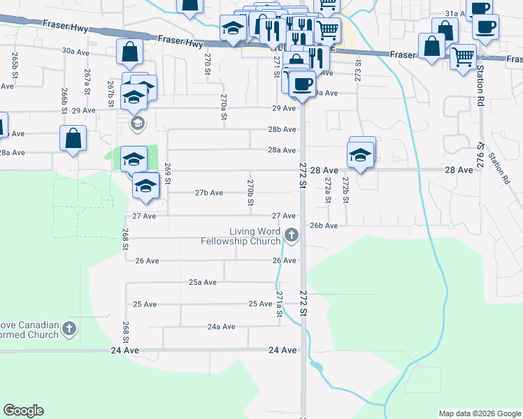 map of restaurants, bars, coffee shops, grocery stores, and more near 27091 27 Avenue in Langley Township