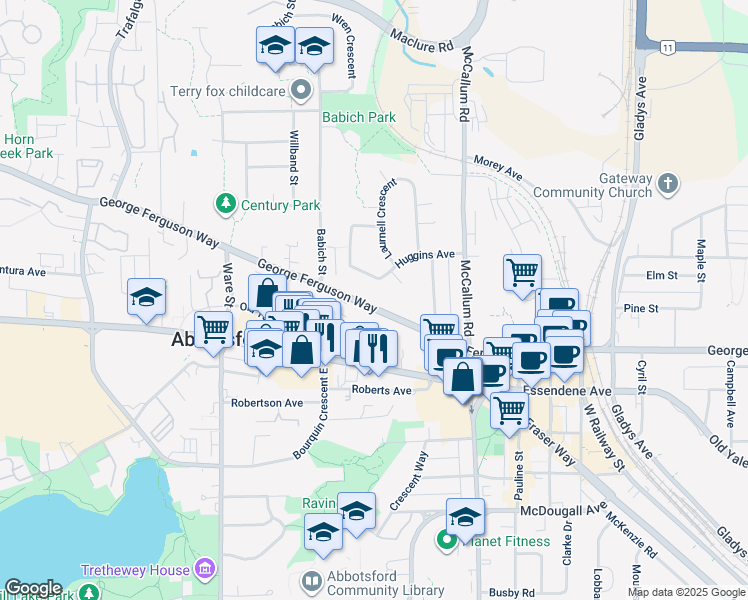 map of restaurants, bars, coffee shops, grocery stores, and more near 33437 George Ferguson Way in Abbotsford