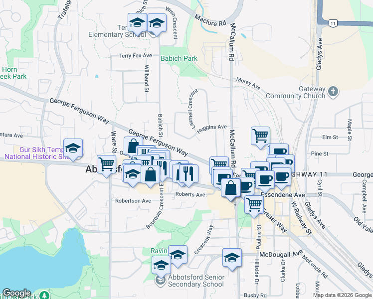 map of restaurants, bars, coffee shops, grocery stores, and more near in Abbotsford