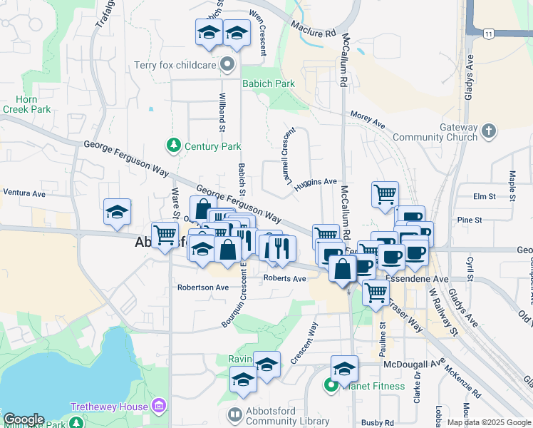 map of restaurants, bars, coffee shops, grocery stores, and more near 33405 George Ferguson Way in Abbotsford