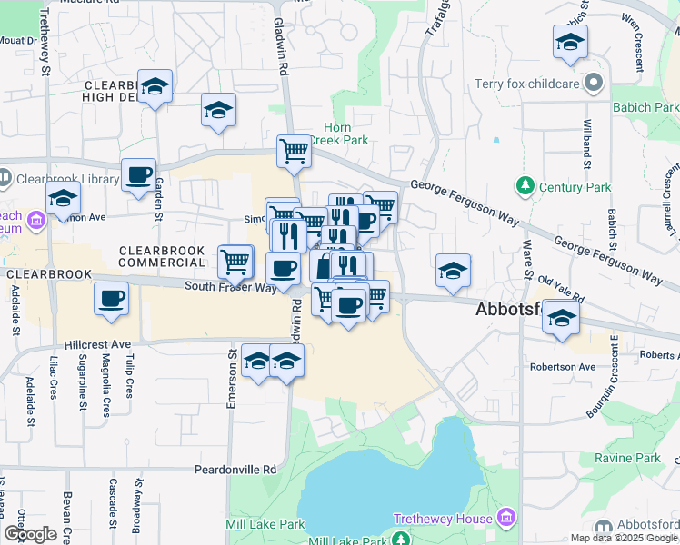 map of restaurants, bars, coffee shops, grocery stores, and more near 32883 South Fraser Way in Abbotsford