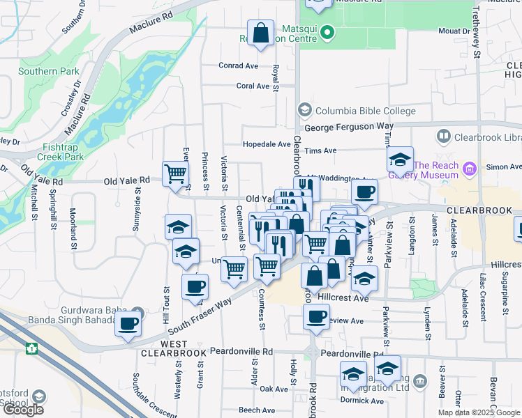 map of restaurants, bars, coffee shops, grocery stores, and more near 2730 Countess Street in Abbotsford