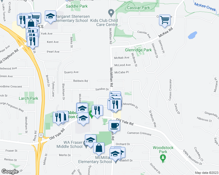 map of restaurants, bars, coffee shops, grocery stores, and more near 2751 McMillan Road in Abbotsford