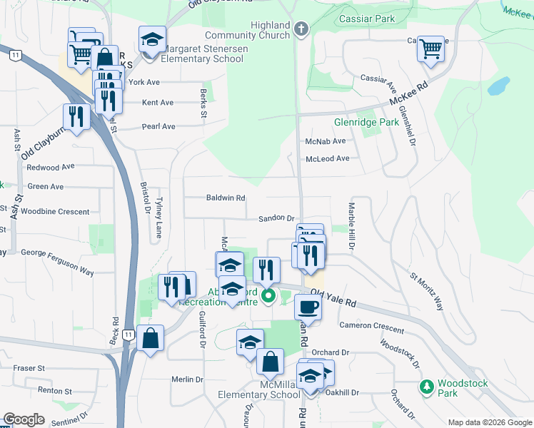 map of restaurants, bars, coffee shops, grocery stores, and more near 2731 Sandon Drive in Abbotsford