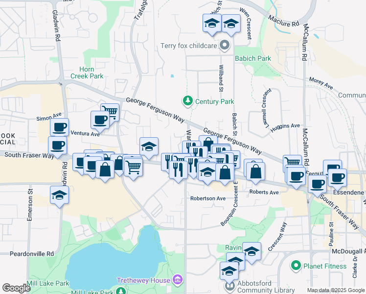 map of restaurants, bars, coffee shops, grocery stores, and more near in Abbotsford