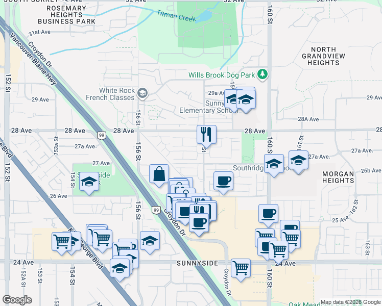 map of restaurants, bars, coffee shops, grocery stores, and more near 2729 158 Street in Surrey