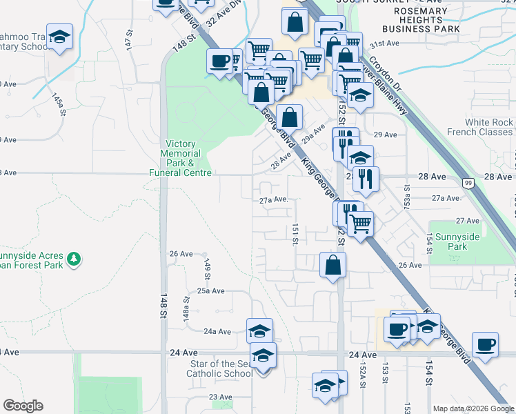 map of restaurants, bars, coffee shops, grocery stores, and more near 15020 27A Avenue in Surrey
