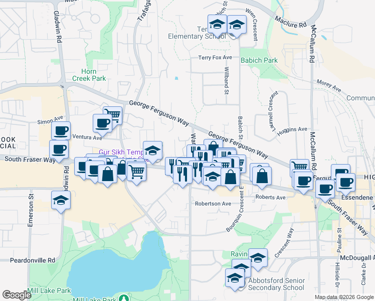 map of restaurants, bars, coffee shops, grocery stores, and more near in Abbotsford