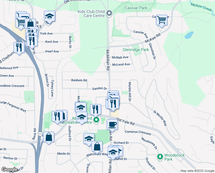map of restaurants, bars, coffee shops, grocery stores, and more near 2751 Sandon Drive in Abbotsford