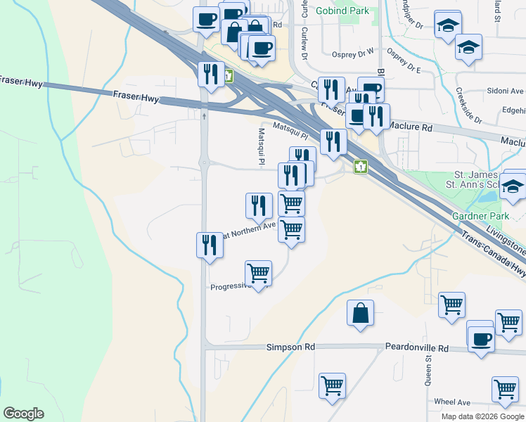 map of restaurants, bars, coffee shops, grocery stores, and more near 30553 Great Northern Avenue in Abbotsford