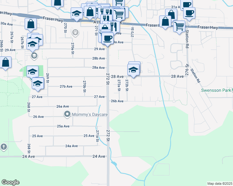 map of restaurants, bars, coffee shops, grocery stores, and more near 27229 27 Avenue in Langley