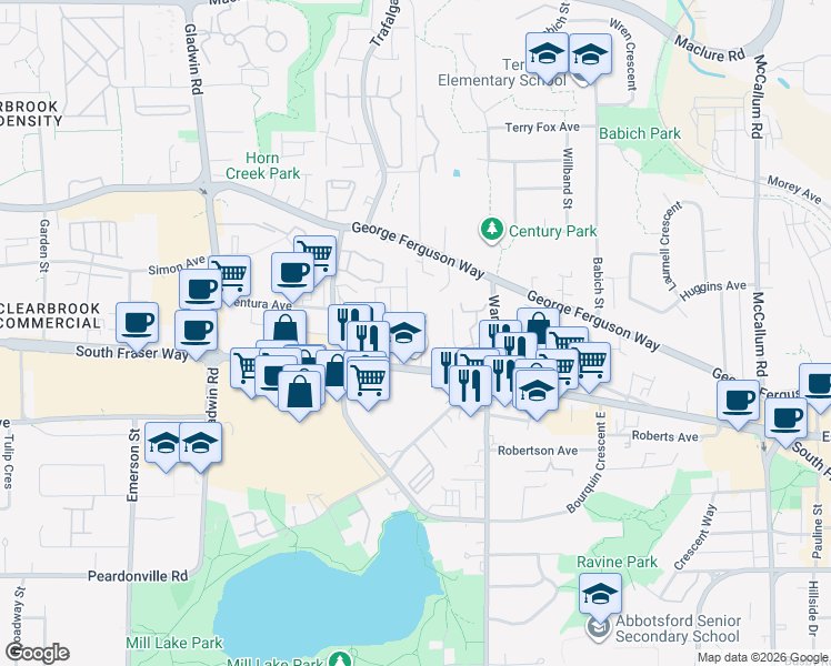 map of restaurants, bars, coffee shops, grocery stores, and more near 2750 Fairlane Street in Abbotsford