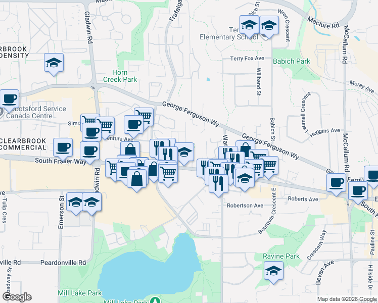 map of restaurants, bars, coffee shops, grocery stores, and more near 2750 Fairlane Street in Abbotsford
