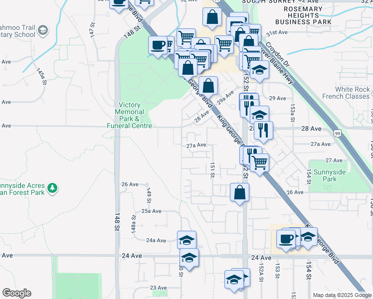 map of restaurants, bars, coffee shops, grocery stores, and more near 2925 King George Boulevard in Surrey