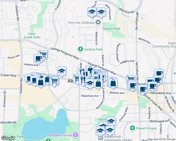 map of restaurants, bars, coffee shops, grocery stores, and more near 33255 Old Yale Road in Abbotsford