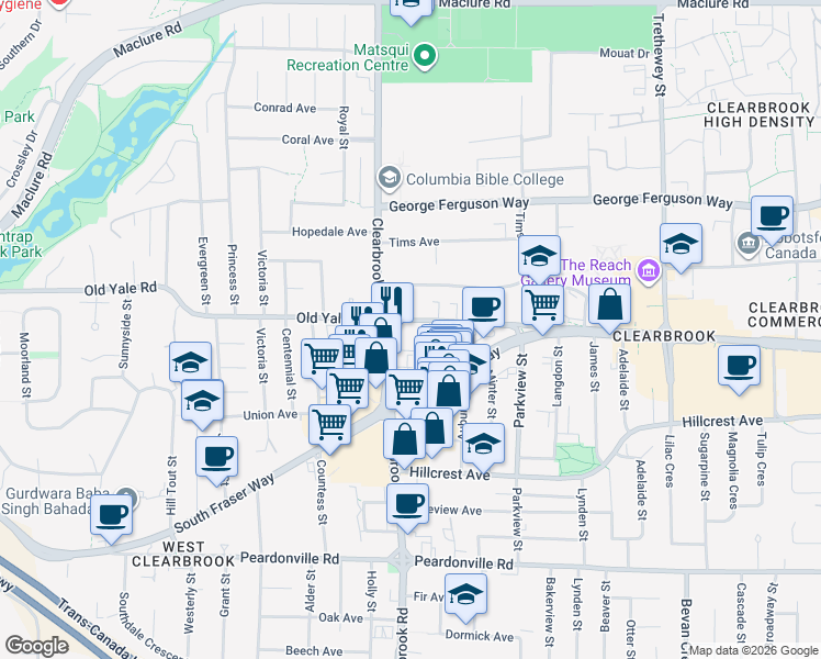 map of restaurants, bars, coffee shops, grocery stores, and more near in Abbotsford