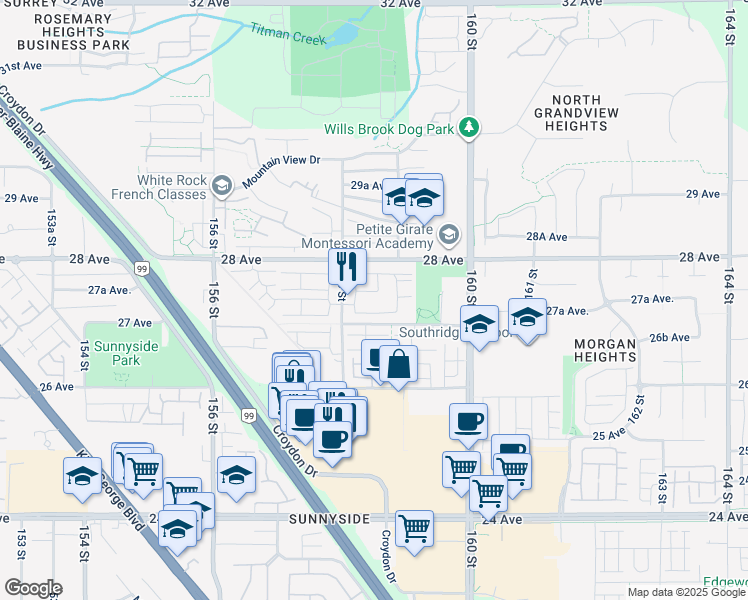map of restaurants, bars, coffee shops, grocery stores, and more near 2738 158 Street in Surrey