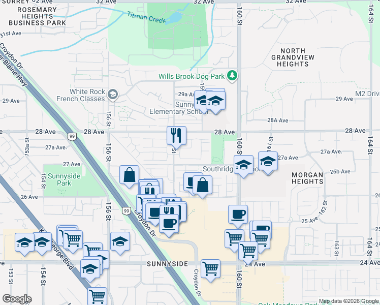 map of restaurants, bars, coffee shops, grocery stores, and more near 2738 158 Street in Surrey