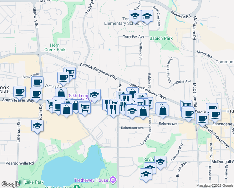 map of restaurants, bars, coffee shops, grocery stores, and more near 33175 Old Yale Road in Abbotsford